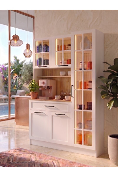 Free Home Premium MDF Ürün Sora Cam Kapaklı Kahve Köşesi, Çok Amaçlı Mutfak D...