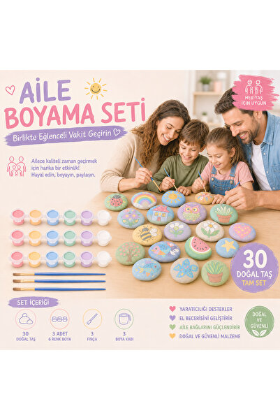 Yapısan Aile Boyama Seti – 30 Doğal Taş, 3 Adet 6 Renk Boya ve 3 Fırça/taş bo...