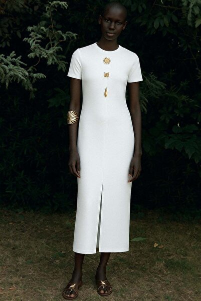HAKKE Ottoman Fabric Short Sleeve Midi Dress with Slit Detail