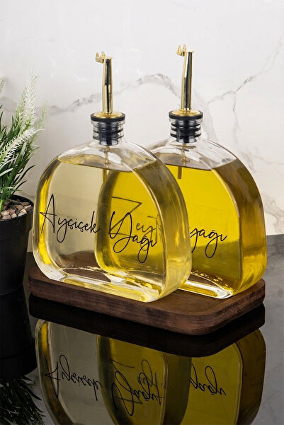 Dolkin Home 2-Piece Luxury 500 ml Oil Pot with Wooden Stand Gold Cover Glass ...