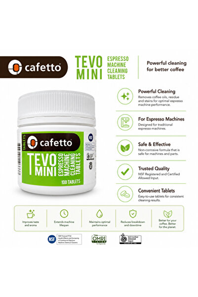 Cafetto أقراص تنظيف ماكينة الإسبريسو الصغيرة من تيفو، خالية من الفوسفات، 100 قرص لكل علبة، كرتون من 12 علبة، توزيع متحكم فيه يزيل زيوت القهوة، غير مسبب للصدأ وخالٍ من المواد المعدلة وراثياً للماكينات شبه الأوتوماتيكية