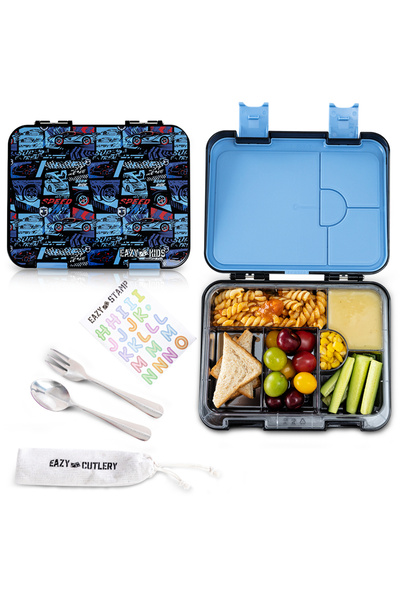 Eazy Kids 6 and 4 Convertible Bento Lunch Box w/ Steel Spoon and Fork Set and...