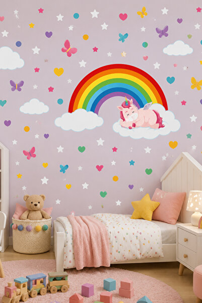 Rainbow, Sleeping Unicorn, Clouds, Stars Girl's Room Sticker