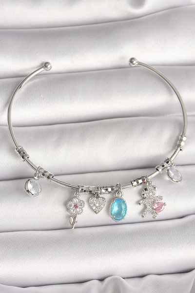 Skygo Brass Silver Color Dangle Zircon Stone Teddy Bear Figure Flower Detail ...