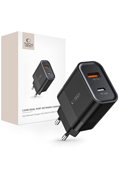 Tech-Protect 1x USB-A + 1x USB-C PD QC3.0 3A 30W Negru