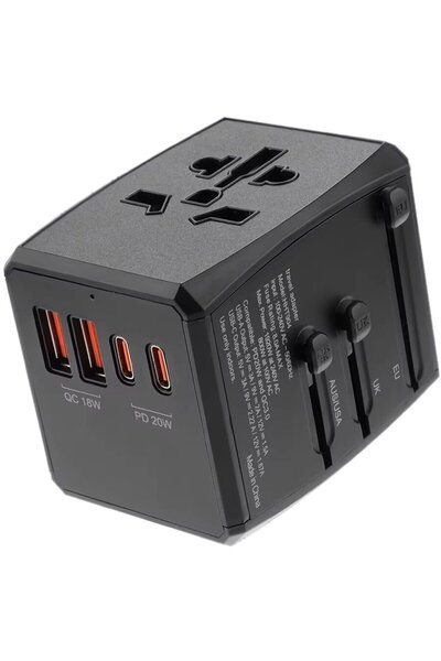Techsuit Adaptor pentru priză PD20W, 2 x USB, 2 x Type-C, EU, UK, AUS, US - (...