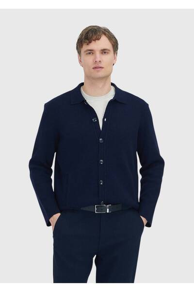 Ramsey Navy Blue Polo Neck Plain Knit Wool Blend Cardigan