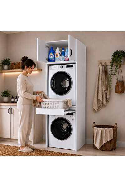 Rani Mobilya Rani KD116 Çamaşır Ve Kurutma Makinesi Dolabı Çekmeceli Raflı Ba...