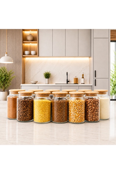 mafa home Set of 12 Wooden Vacuum Lid Glass Pulses Storage Jars 800 ml with Label Gift