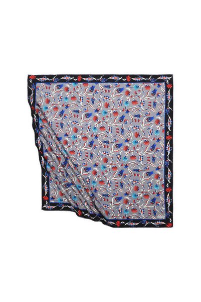 Bursa İpek Gray Turkish Motif Carnation Tulip Pattern Silky Scarf