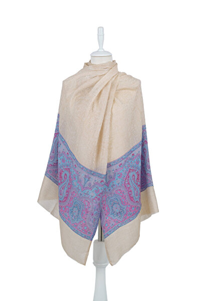 Bursa İpek شال صوف منقوش بحدود زرقاء