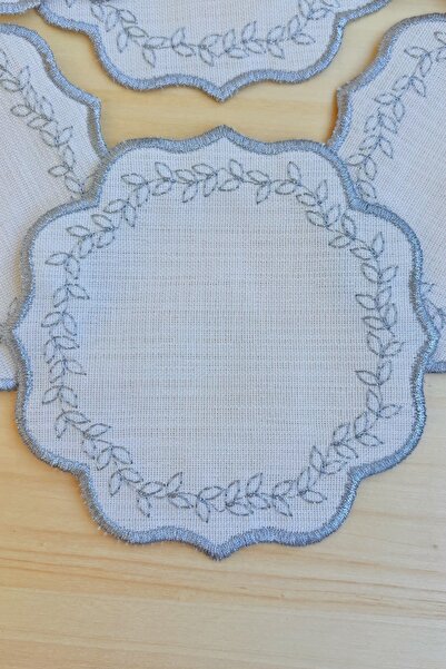 Mora Tekstil Leaf Embroidered Coffee Coaster, Presentation Napkin, Coffee Side Napkin, 6-Piece Cocktail Napkin, Coaster