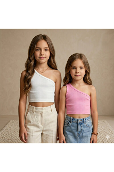 HEREN Pembe ve Beyaz Kız Bebek/Çocuk/Anne Tek Omuz 2'li Crop Set Anne Kız Kom...
