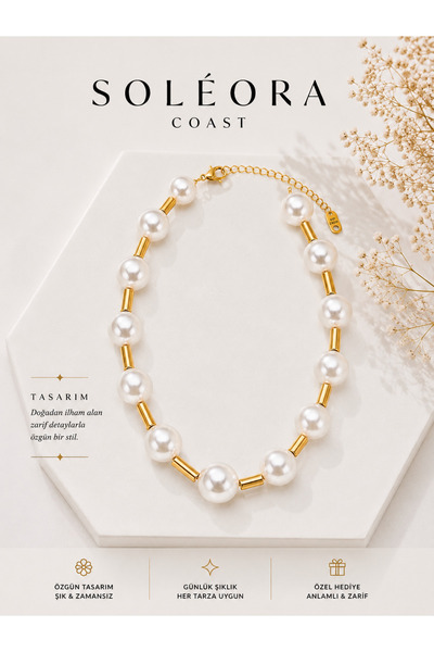 SOLÉORA COAST ZR Model İnci Detay Gold Vintage Kolye
