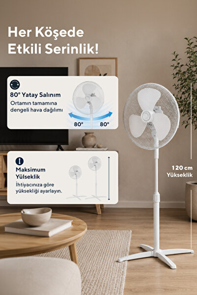 KUMTEL KTF-290 Beyaz 16 İnç Ayaklı Vantilatör 40 W,3 Kanatlı, 3 Pervaneli, 120 cm