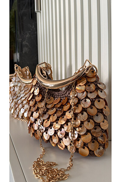 WOMANBAG Handmade Straw and Stone Decorated Shoulder Bag Brown (25X25Cm)