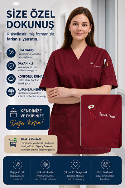 mirach Hemşirelere Özel İsim Yazılan Kişiye Özel Medikal Scrubs Kadın Scrubs ...
