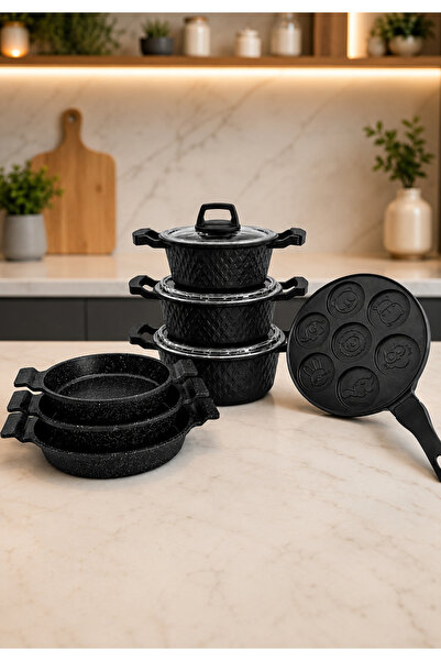 LAVONNI Obsidyen Family Set 10 Parça Döküm Granit Tencere Sahan ve Pankek Tav...