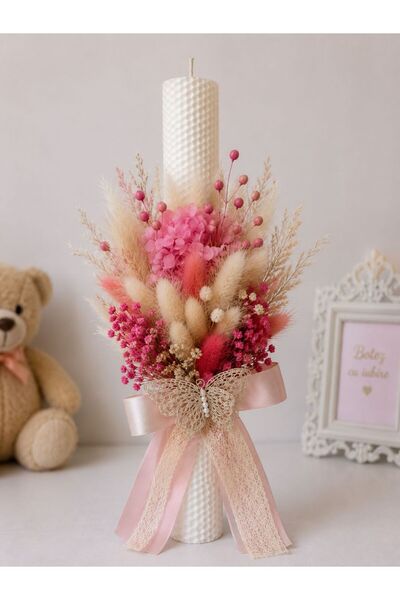 TFL Lumanare Botez Fetita Tip Fagure, Decor Floral Roz, Fundita Satin si Flut...