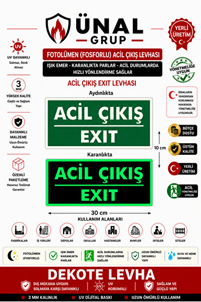 ünalgrup Fotolümen Fosforlu Acil Çıkış/exıt Yön Levhası