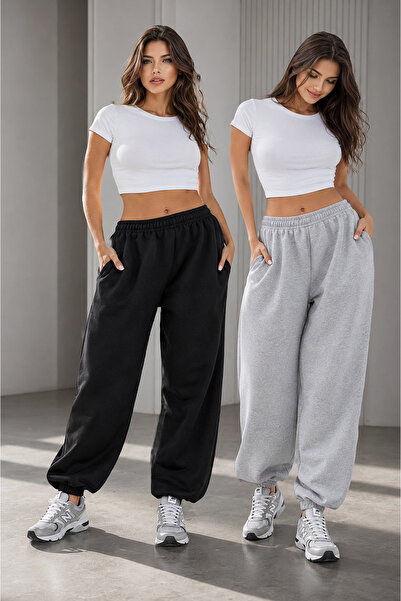 BSBSPOR 2 Li Siyah Gri Bol Kesim Eşofman Altı Oversize Salaş Ikili Jogger
