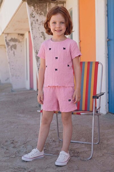 Fulla Moda Girl's 2-Piece Set with Bow Embroidery and Textured Shorts