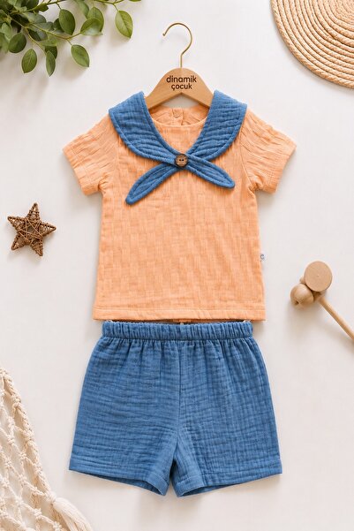 Collar Detailed Muslin Shorts Style Reverse 2pcs Baby Boy Set Cotton+Muslin 6-9-12-18-24 months old