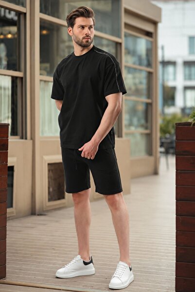 Madmext Black Overfit Printed Men's Shorts T-Shirt Suit E7302