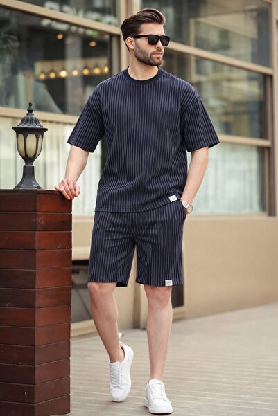 Madmext Navy Blue Striped Men's Shorts Set 6398