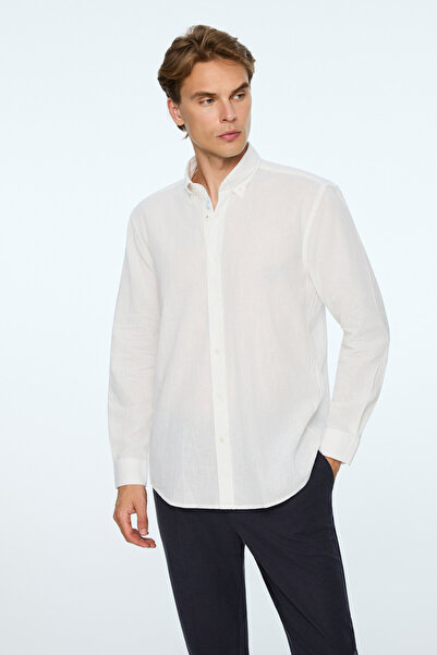 Morven Men's White Linen Trend Plain Regular Fit Button-Down Collar Shirt