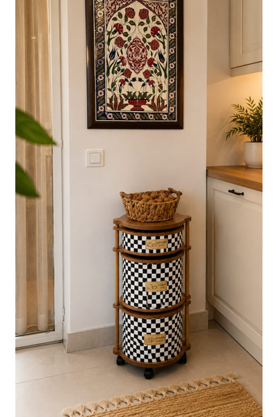 MİHMAN HOME Dama Desenli 3 Katlı Tekerlekli Çok Amaçlı Ahşap Patates Soğan Se...