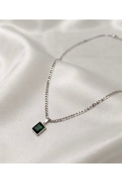 Melanj Craft Square green stone steel necklace - silver