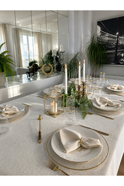 Decamor home Royal Keten Dokulu Gold Simli Ekru Masa Örtüsü (PEÇETE DAHİL DEĞ...