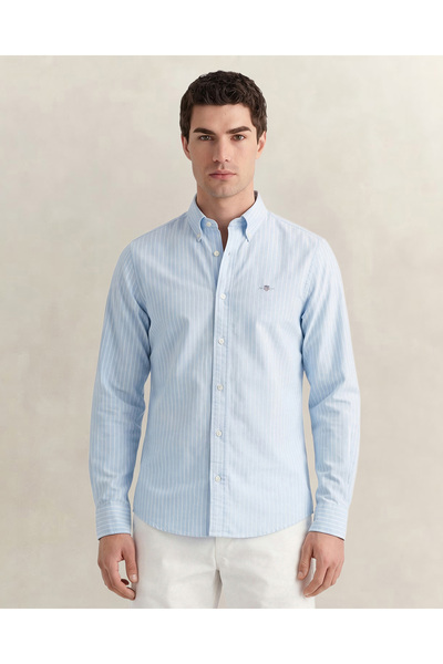 Gant Erkek Mavi Slim Fit Çizgili Logolu Gömlek