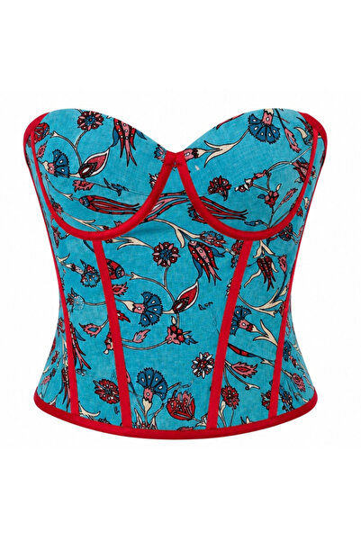 Kadın Turkuaz Çiçek Desenli Straplez Balenli Korsaj Büstiyer Crop Top