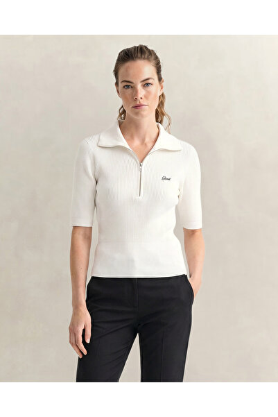 Gant Kadın Beyaz Slim Fit Yarım Kollu Triko