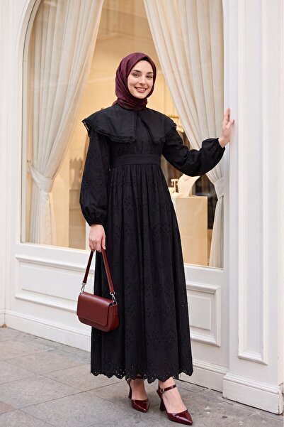 Modamorfo Cape Collar Lace Detailed Dress - Black