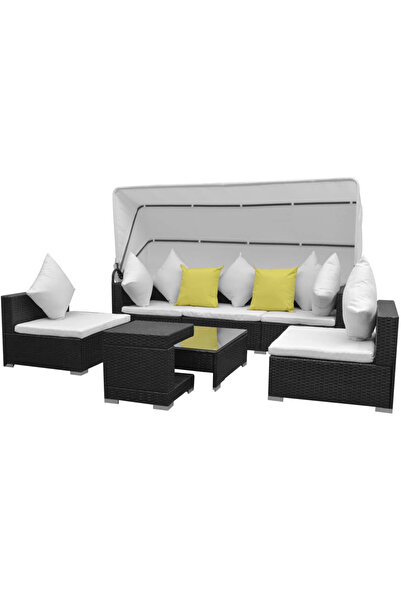 Concept Set mobilier de grădină cu baldachin, 7 piese, negru, poliratan