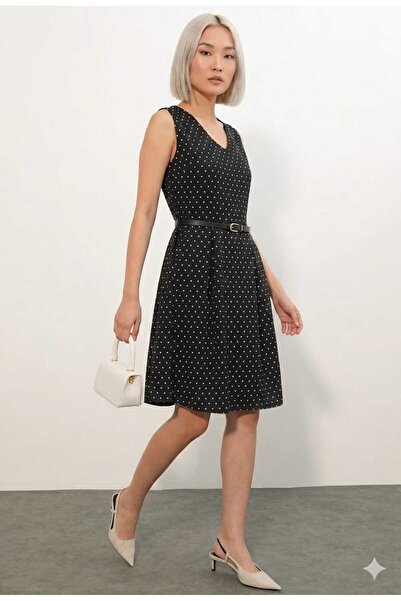 Freeista Black Short V-Neck Polka Dot Dress