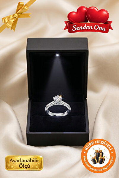 Lucente Jewellery Işıklı Kutulu Tektaş 925 Ayar Gümüş Kap. Ayarlanabilir Nişa...
