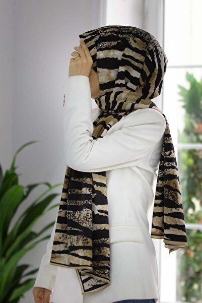 Vissona KREP ZEBRA DESENLİ BEJ - SİYAH RENKLİ 75X195 KIRIŞMAZ ŞAL