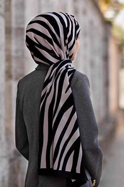 Vissona KREP KIRIŞMAZ ŞAL ZEBRA DESENLİ SİYAH - SÜTLÜKAHVE RENKLİ 75X195