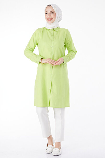 TOFİSA Plain Shirt Collar Women's Green Tunic - 13141