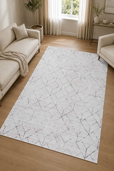 Serente Home Geometrik Desenli Yıkanabilir Kaymaz Taban Gri Şönil Salon Halıs...