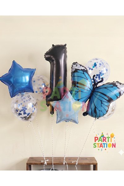 Parti Station Blue Butterfly 1 Year Old Balloon Set Star Balloon Foil Set But...