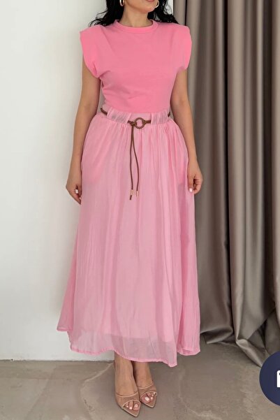 Suziş Pink, Cotton, Garnish, and Leather Belt Dress 0103