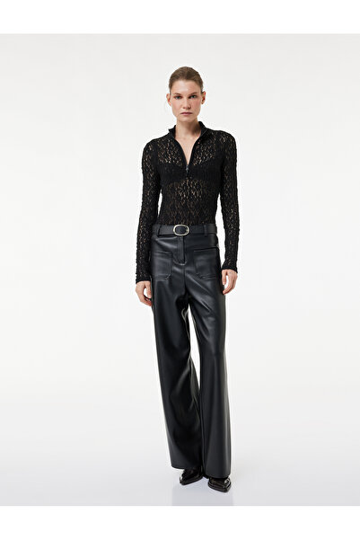 Koton Mock Neck Lace Blouse with Long Sleeves and Half Zipper Detail