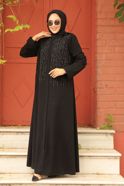 Neva Style عباية حجاب سوداء مطرزة بالخرز 29106S