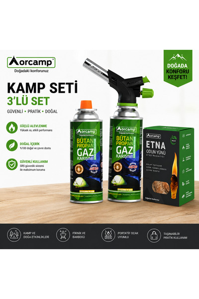 Orcamp Pürmüz + Yedek Kartuş + Etna Tutuşturucu Mangal & Kamp Ateşi Yakma Seti