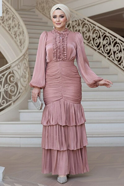 N.S NEVA STYLE فستان سهرة حجاب بودرة مكشكش 50271PD